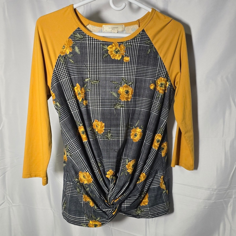 No‎ Comment Womens Plaid Floral Raglan Top Yellow Size M cottage farm